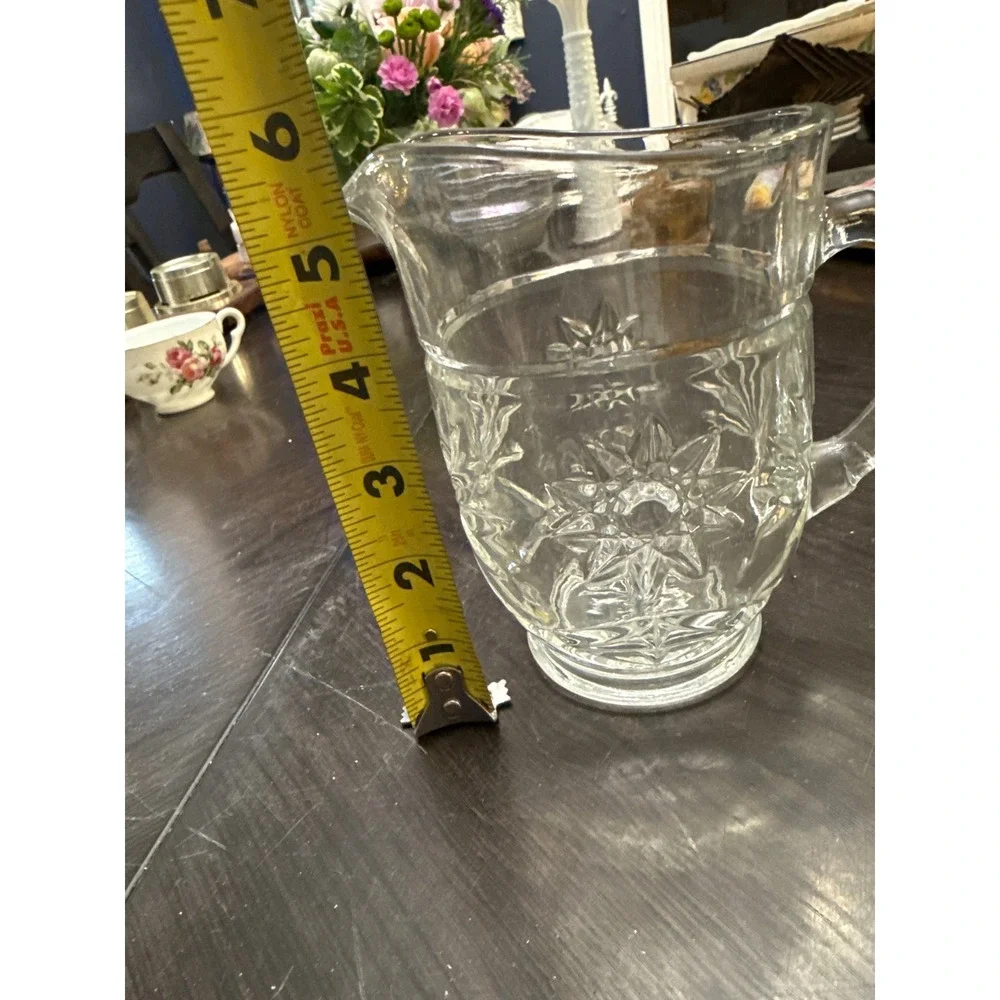 Vintage Clear Pressed Glass Pitcher Starburst Thumbprint Pattern Small 5.25in‎